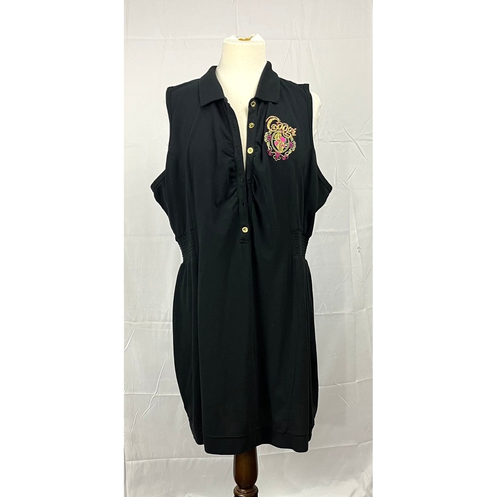 Y2K COOGI Sleeveless Polo Dress Black Gold Pink Embellished Crest Logo 3X Plus